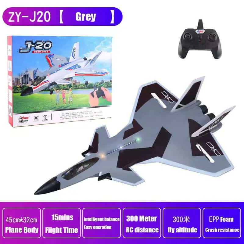 2.4GHz J20 RC Fighter Jet with Cool Lights - Remote Control Fixed-Wing Aircraft Made of Durable Foam - Model Glider Toy with Auto-Balance Feature and 300 Meter Range