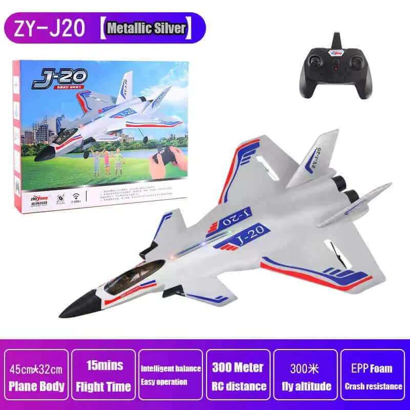 2.4GHz J20 RC Fighter Jet with Cool Lights - Remote Control Fixed-Wing Aircraft Made of Durable Foam - Model Glider Toy with Auto-Balance Feature and 300 Meter Range