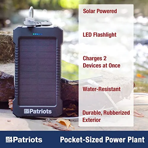 4Patriots Patriot Power Cell: Portable Solar Power Bank, Rechargeable External Battery 2 USB Ports, 8,000 mAh Lithium Polymer Battery, LED Flashlight, Great for Hiking or Emergencies