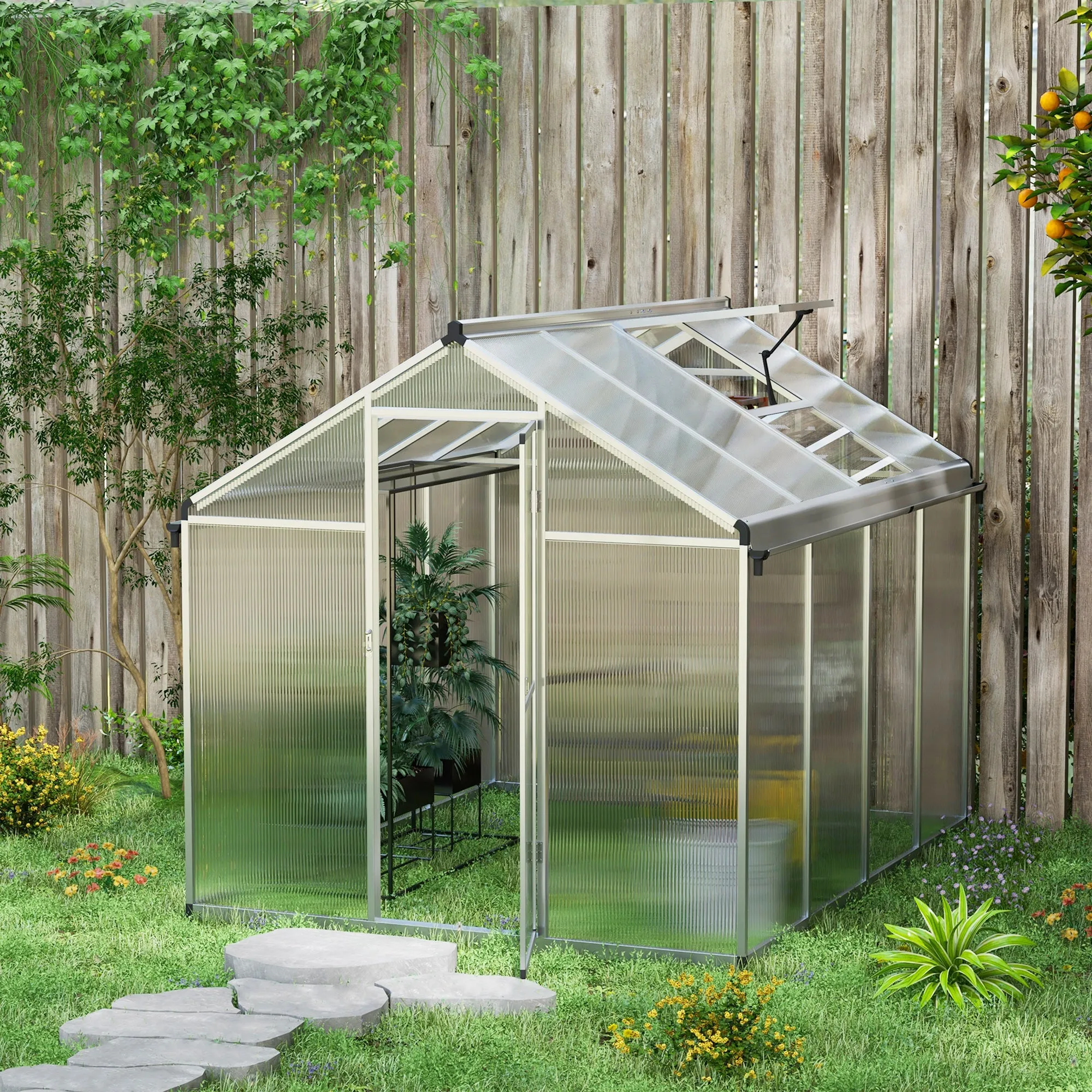 6 x 8ft Polycarbonate Greenhouse with Rain Gutters, Large Walk-In Green House with Door and Window, Garden Plants Grow House