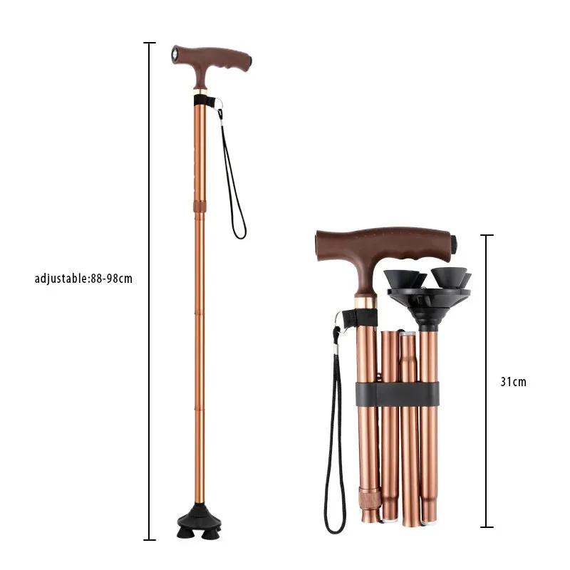 Crutches Four Legs Folding Telescopic Cane Old Man Aluminum Alloy Lightweight Multifunctional with Lights Non-slip 5 Sections