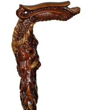 Dark Fiery Dragon Oak Wood Artisan Intricate Handcarved Cane