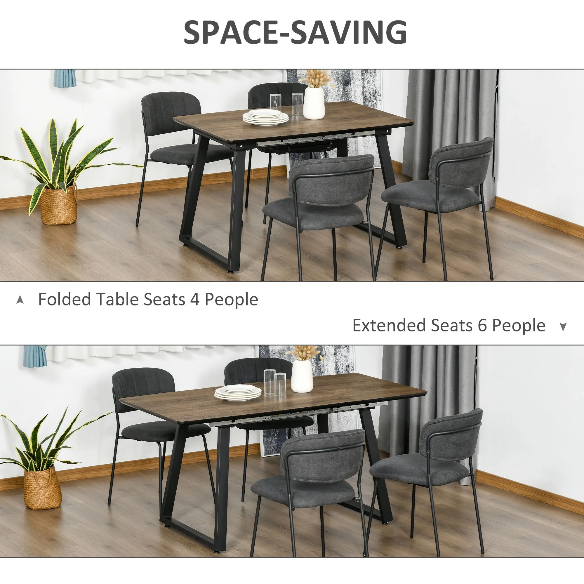 Extendable Dining Table Rectangular Wood Effect Tabletop for 4-6 People with Metal Frame & Hidden Leaves for Kitchen, Dining Room, Living Room