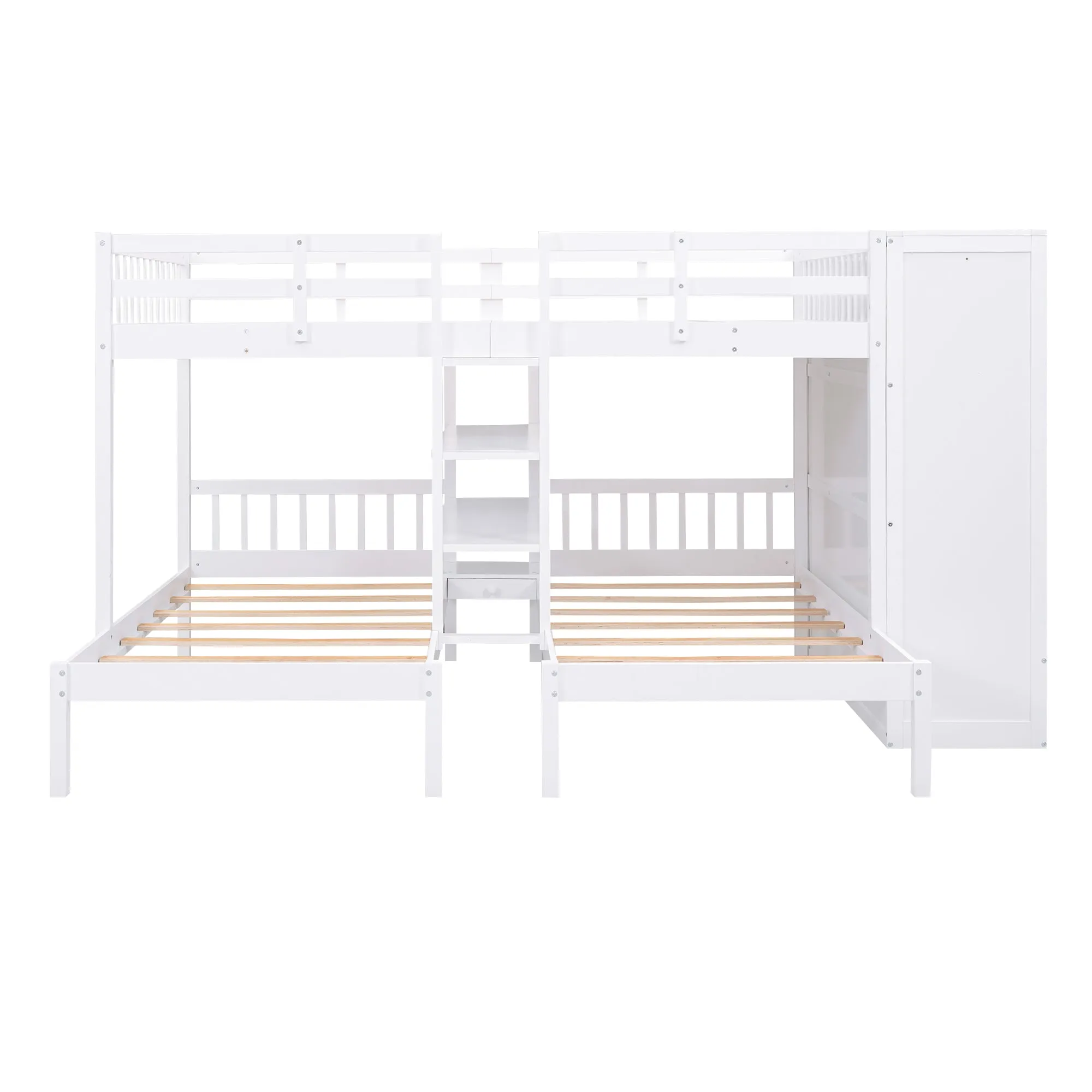 Full-Over-Twin-Twin Bunk Bed with Shelves, Wardrobe and Mirror, White