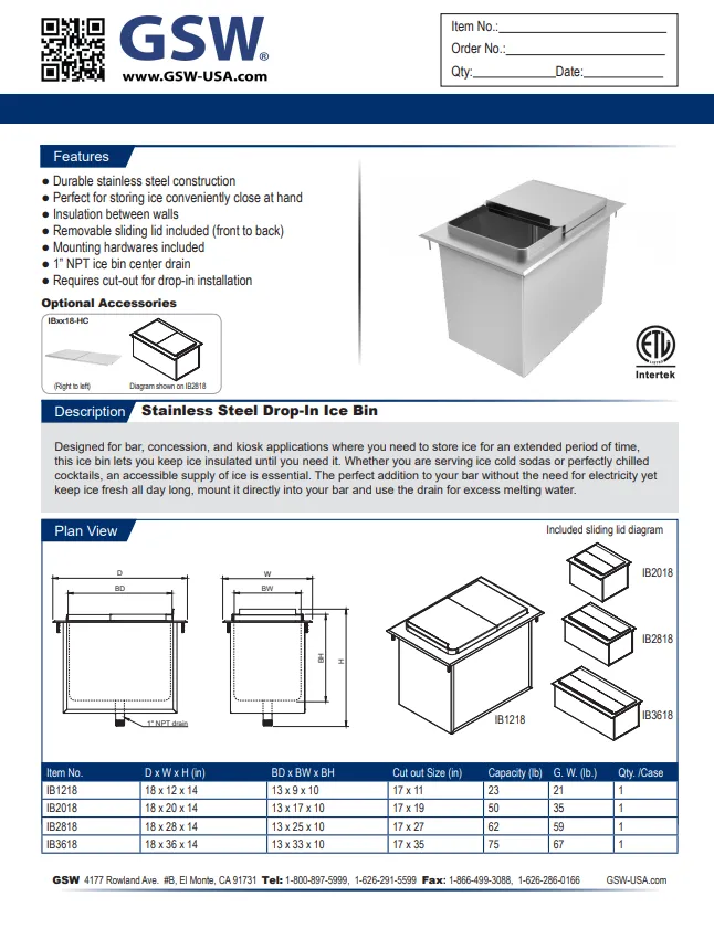 GSW Stainless-Steel Drop-in Ice Bin 12x18 IB1218