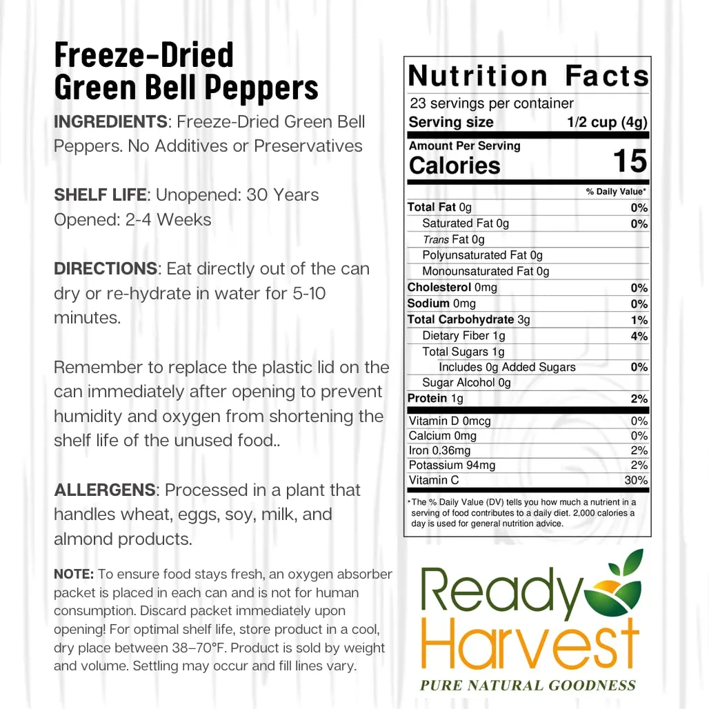 Ready Harvest Freeze-Dried Bell Peppers - 30 Year Shelf Life - #10 Can